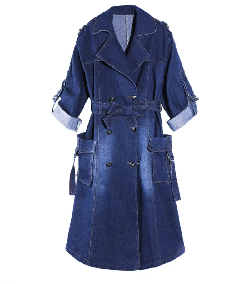 British Style Womens Trench Coat New Fashion Slim Fit Belt Coat Female Casual Double Breasted Pocket Long Denim Windbreaker