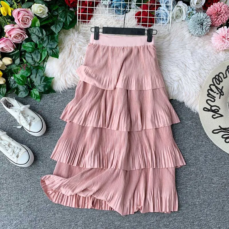

2019 Vintage Hepburn Women Cascading Ruffles Faux Suede Pleated Skirt Mid Long Mid-Claf Swing Skirts Femme pink skirt