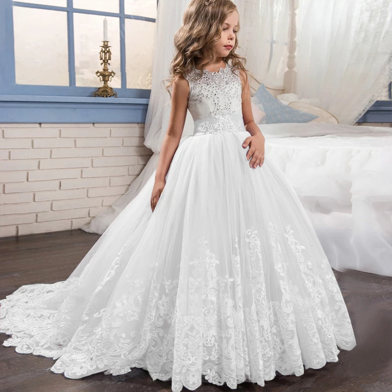 

2020 Girls Dress Elegant White Bridesmaid Kids Dresses For Girls Children Long Princess Dress Party Wedding Dress 14 10 12 Years