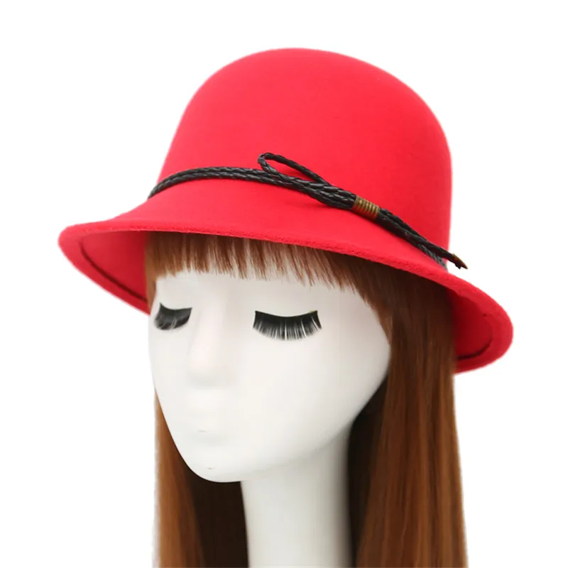 

New Model Autumn Winter Polyester Ladies Fedora Hat Short Brim With Adjustable Belt Fedora Hat For Woman Red Bucket Hat 57-58CM