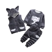 Детская одежда Теплый комплект для маленьких мальчиков и девочек, зимний утепленный жилет с капюшоном и Рисунком Слона+ свитер+ штаны, спортивный костюм из трех предметов