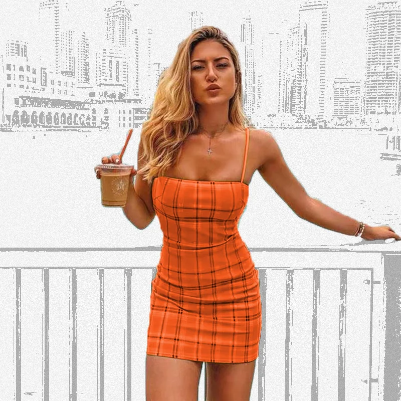 

Europe And America 2019 Hot Selling-Slimming Plaid Strapped Dress Women's