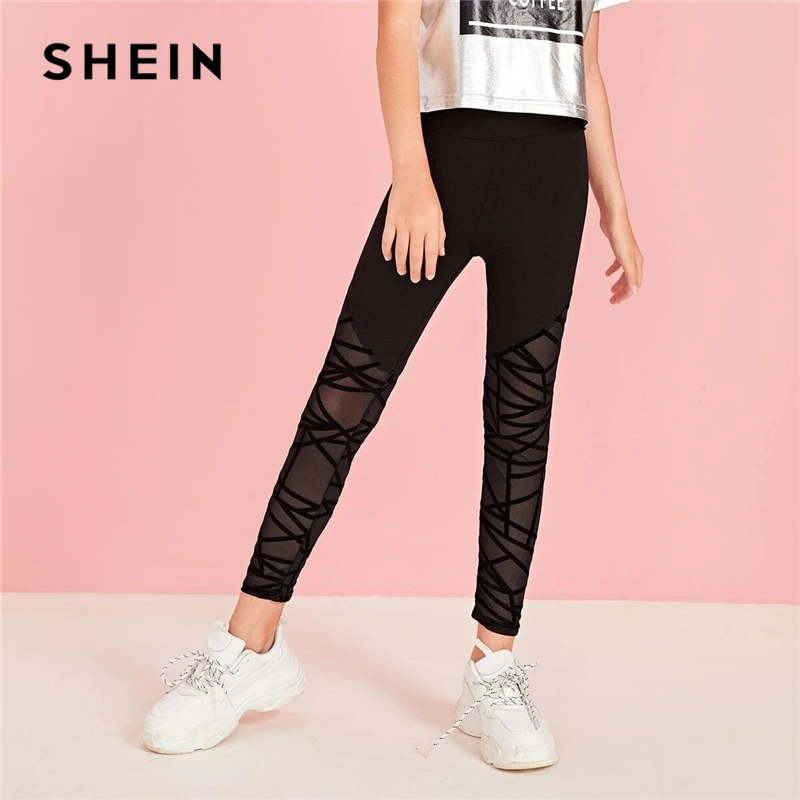 

SHEIN Kiddie Girls Black Geo Mesh Insert Skinny Legging Kids Bottoms 2019 Autumn Active Wear Elastic Waist Sheer Casual Trousers