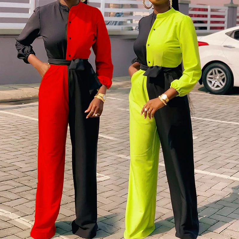 

BKLD Women Clothing 2024 Autumn New Fashion Patchwork Casual Jumpsuit High Waisted Wide Leg Pants One Piece Outfit Clubwear