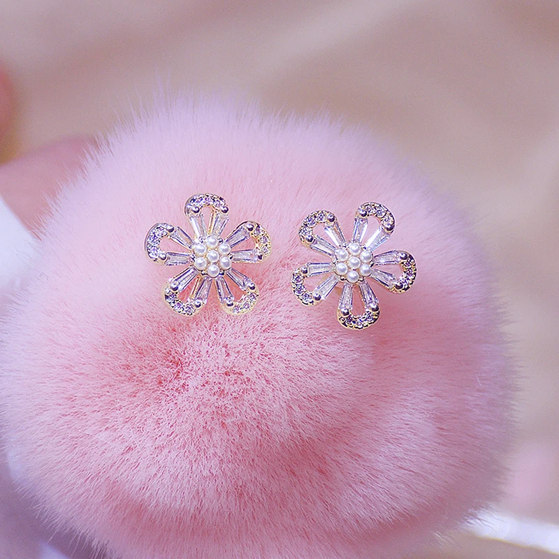 Ins Hot Sale Hollow Flower Petal Earrings for Women Exquisite Crystal Zirconia Stud Earring Wedding Jewelry Pendant for Bridal - Image 3