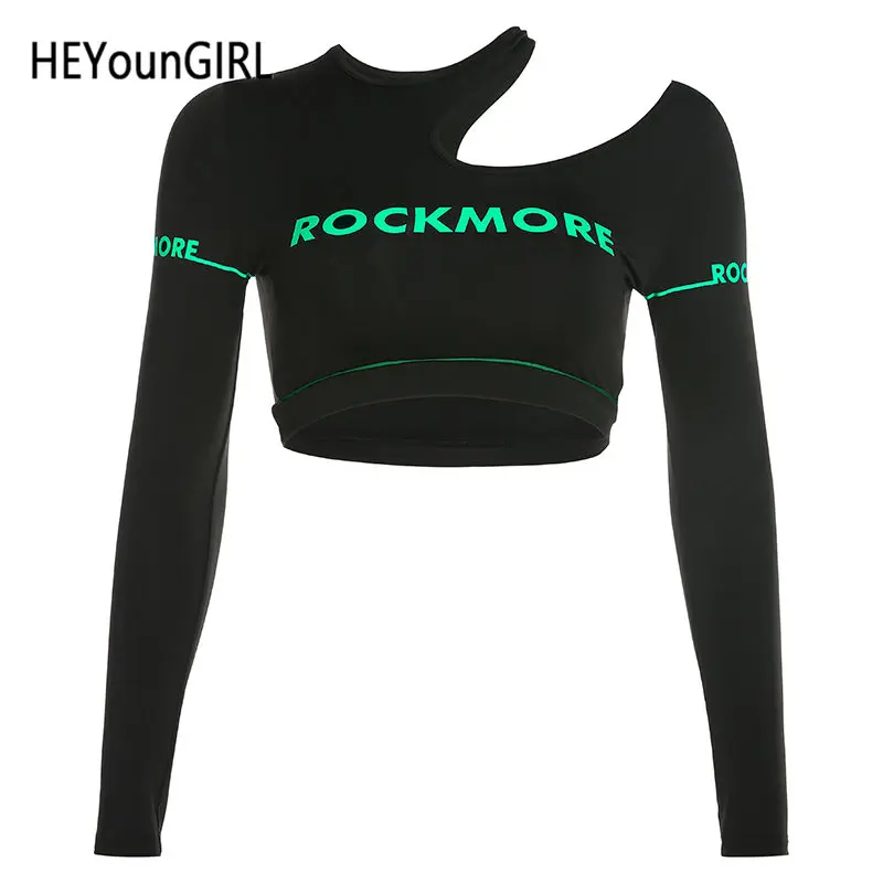 Черный HEYounGIRL вырезанная Harajuku панковская футболка Женская Базовый, с надписью черная женская футболка Топы Повседневная футболка с длинными рукавами Femme - Цвет: Черный