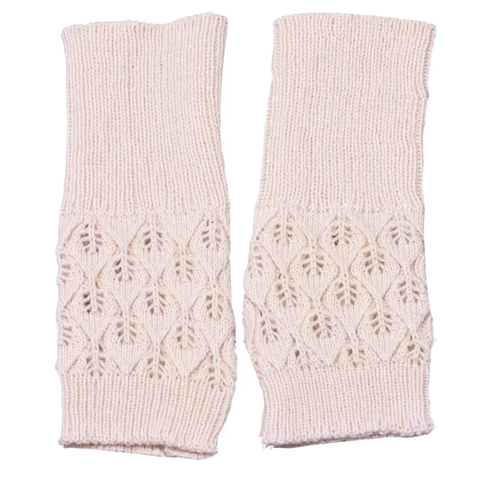 Женские перчатки осень-зима, тянущиеся вязаные варежки, выдалбливают листья, вязаные перчатки, спортивные перчатки для езды на велосипеде с сенсорным экраном - Цвет: Beige
