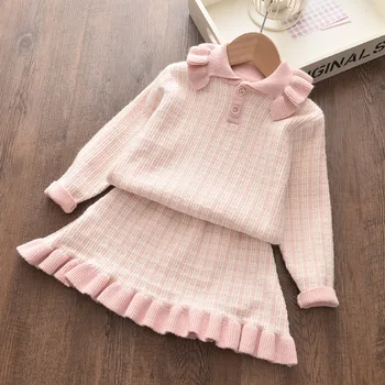 

2020 new Autumn Winter Children's Sweater Set Girls' Lace Solid Color Long Sweater +Short Skirt 2PCS Girls Clothes Suit
