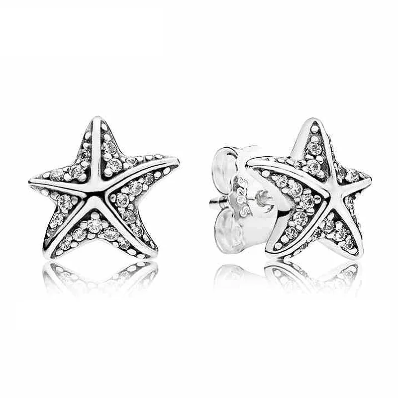 

Original Cute Starfish With Crystal Studs Earrings For Women 925 Sterling Silver Earring Wedding Gift Fine Pandora Jewelry