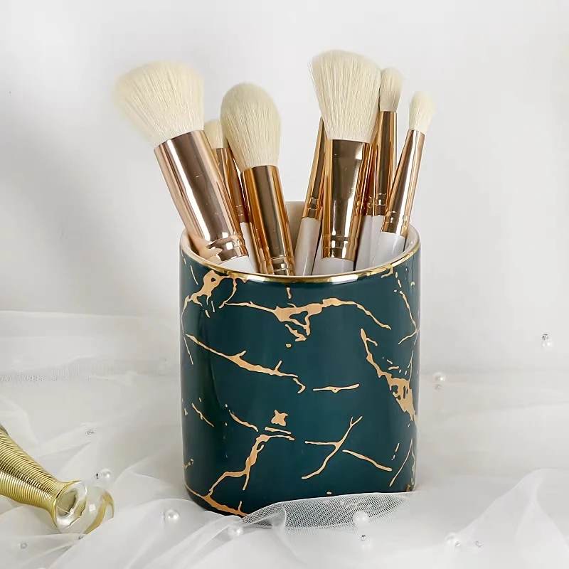 Nordic Ins Marble Pattern Pen Holder Cosmetic Brush Storage Box Makeup Brush Holder Ceramic Jar Home Table Decoration Container