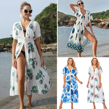 

Summer Women's Clothing Sexy Beach Wear Swimsuits Cover-Ups New Banana Leaf Print Cardigan Bikini Top Acetate Fmzxg Dresses 2020
