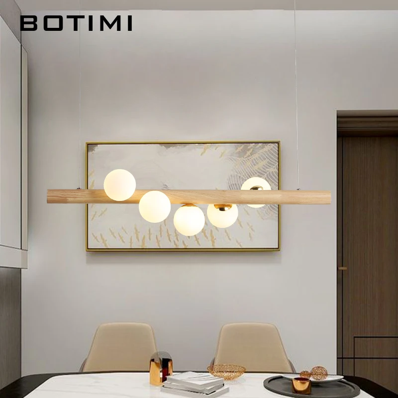 BOTIMI обеденный светодиодный подвесной светильник для гостиной, стеклянный шар, деревянная Подвесная лампа, длинный стол, подвесной светильник в стиле лофт, светильники
