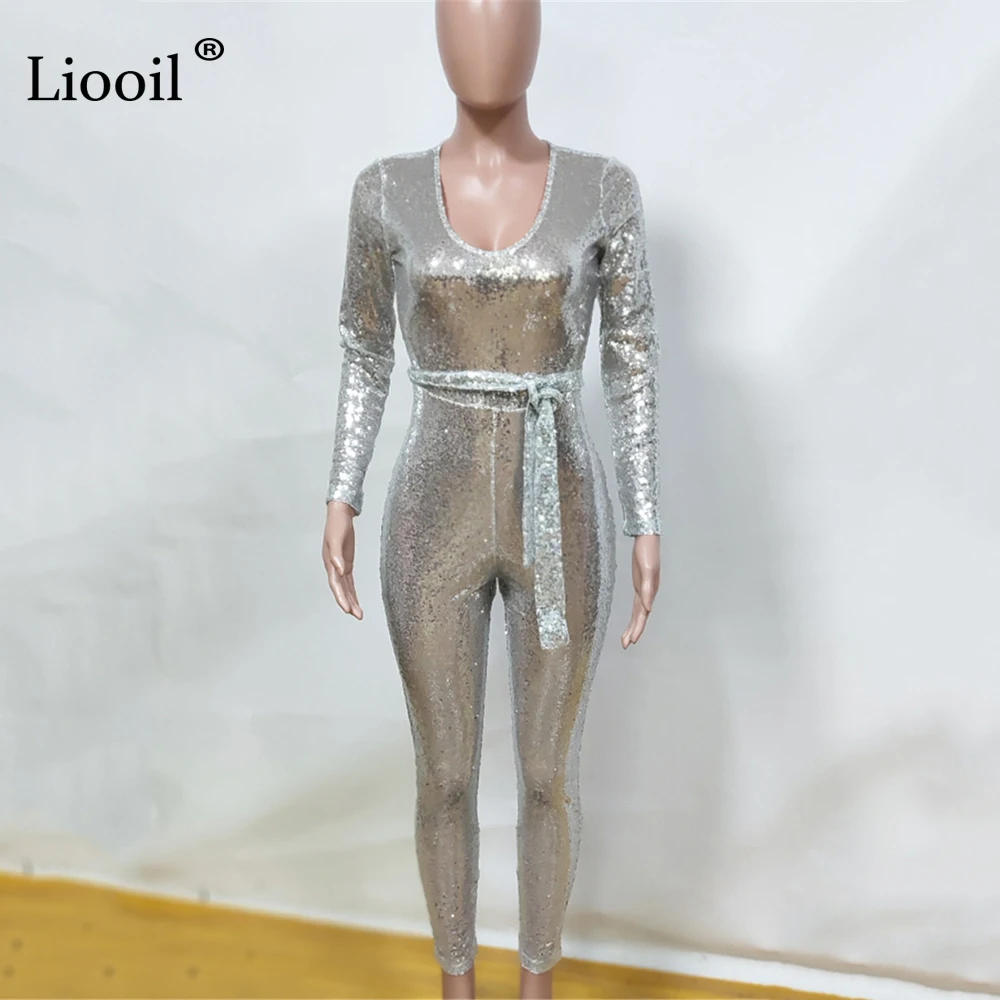 Liooil Gold Silver Sequin Sexy Tight Jumpsuits For Women Long Sleeve V Neck Belt Tight Party Club Rompers Bodycon Jumpsuit