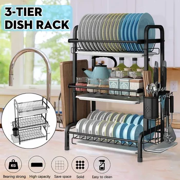

3 Tiers Stainless Steel Dish Drainer Kitchen Organizer Storage Shelf Kitchen Accessories Holders Racks For Kitchen Convenience