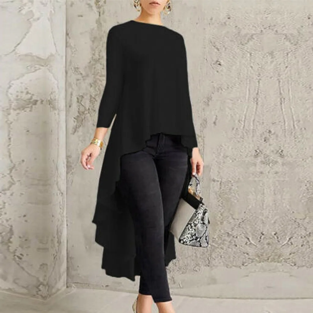 Женская блузка с длинным рукавом, ассиметричная рубашка, топ, высокая низкая, плюс Blusas, Элегантная черная рубашка Blusa Camisas Blusas Mujer De Moda