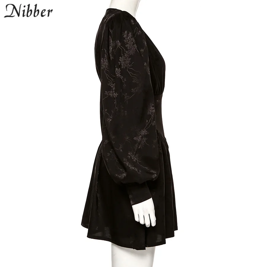 NIBBER, модное, черное, шифоновое, с принтом, элегантное, свободное, мини платье, для женщин, фонарь, длинный рукав, плиссированное платье, mujer, вечерние, ночные платья