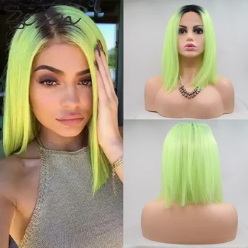 

Zesen Synthetic Lace Front Wig Straight Hair Bob Wigs Ombre Green Color Lace Frontal Cosplay Or Daily wear Short Wigs For Women