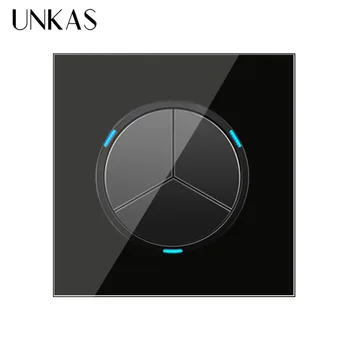 

UNKAS 3 Gang 1 Way Random Click On / Off Wall Light Switch With LED Indicator Knight Black Crystal Tempered Glass Panel