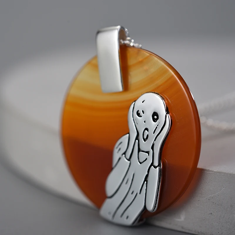 Lotus Fun 925 Sterling Silver Natural Agate Handmade Fine Jewelry The Scream Painting Pendant without Necklace for Women