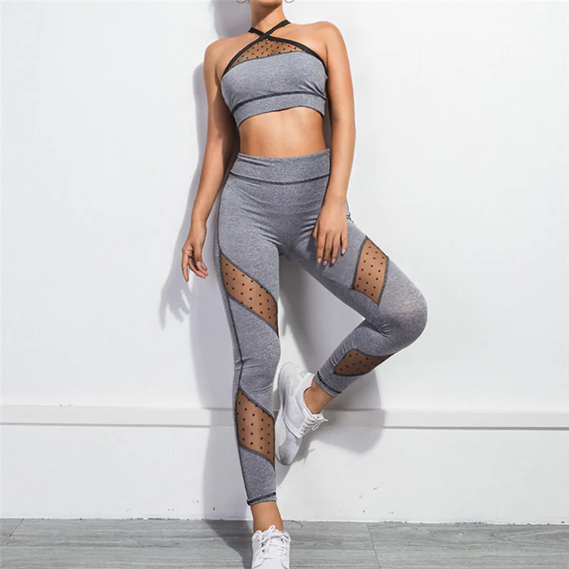 

Mesh Halter Crop Tops 2 Piece Yoga Set Workout Clothes Women Sports Bra Leggings Sportswear Female Running Gym Athletic Clothing