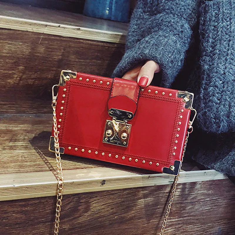 Fashion Vintage Rivet Designer Bag Box Style Buckle PU Women Clutch Bag Chain Purse Shoulder Bag Crossbody Small Flap Handbag - Цвет: Red