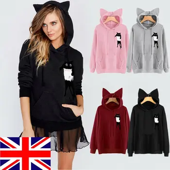 

2019 New Womens Fashion Cat Ear Tops Long Sleeve Warm Cool Pullover Hoodie Hooded Sweatshirt Tops Hot