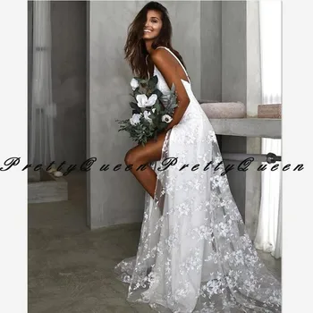 

Sheer Lace Wedding Dress Spaghetti Strap 2020 Long Sweep Train A Line Side Split Vestidos Bridal Dresses Gown