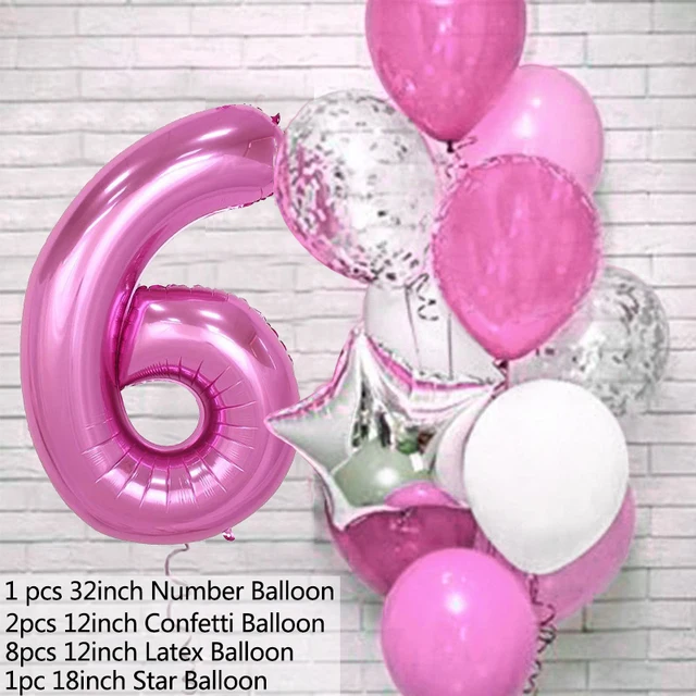 12pcs Pink Number Foil Balloon Birthday Party Decoration Latex Balloons Kids Baby Girl 1 2 3 4 5 6 7 8 9 Years Old 1st Birthday P-balloon number 6