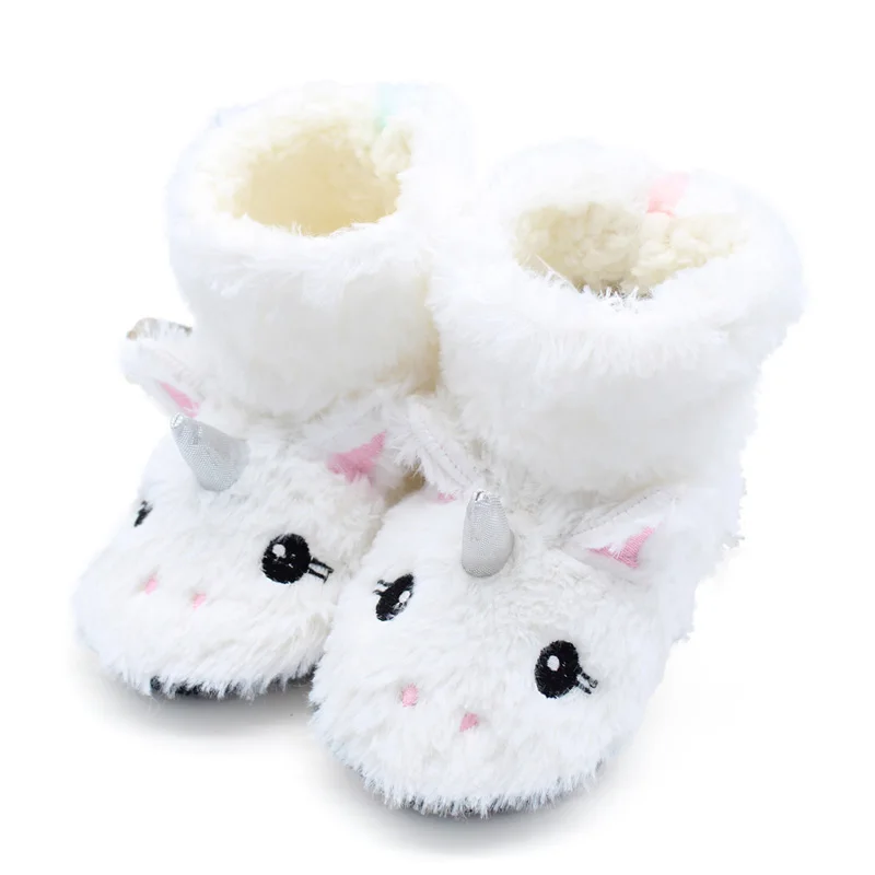 Kids Unicorn Slippers Girls Baby Home Slippers Winter Warm Plush Cute Cartoon Animal Pantuflas Unicornio Non-slip Faux Fur Shoes - Цвет: Белый