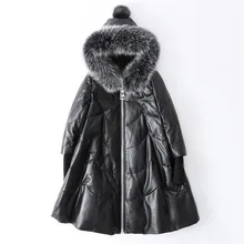 Genuine Leather Jacket Female Elegant New Snow Wear Hooded Fox Fur Collar Sheepskin Duck Down Winter Coat Women Tops YP006