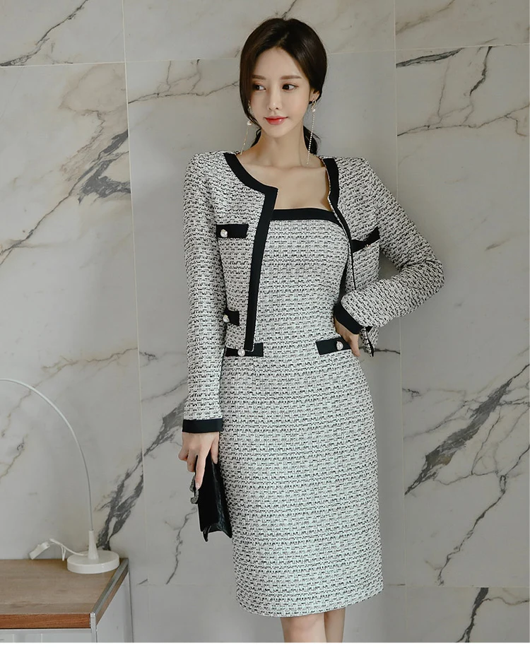 H Han queen, осенне-зимний модный комплект из 2 предметов, женская короткая верхняя одежда, пальто и без бретелек, облегающее платье-карандаш, костюм OL