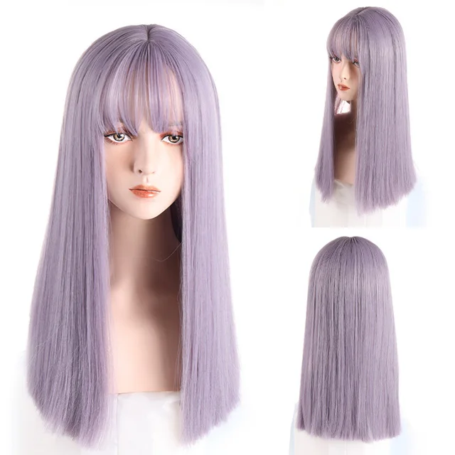 VICWIG Synthetic High Temperature Fiber Long Straight Wigs for Women Purple Gray Green Cosplay With Bangs Natural Hairpieces Purple