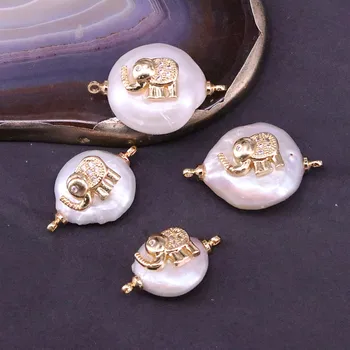 

12Pcs Wholesale cz micro pave Elephant charm coin freshwater pearl Connector bead for Diy making fittings