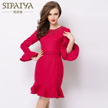 

Freeship autumn/winter princess wool blend beading flare sleeve slim hot pink fashion dress