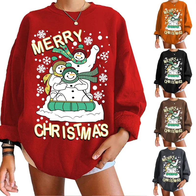 

Fall Women's Hoodies Christmas Trendy Sweatshirt Snowman Print Crew Neck Long Sleeve Pullover Tops For Girls 5 Colors Streetwear