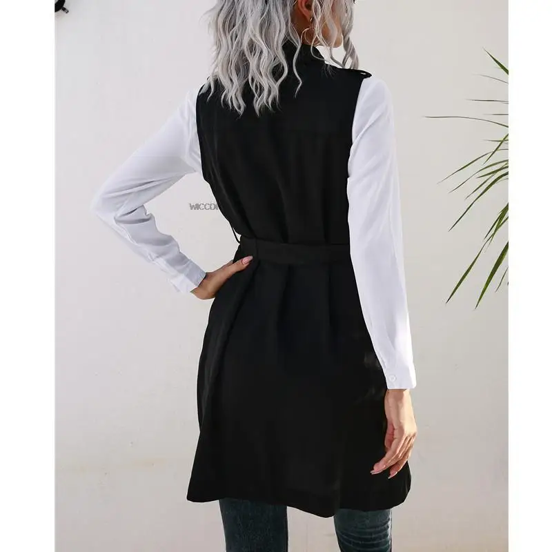 Women 2021 Vintage Fashion Coat Waistcoat Single Breasted With Belt Pockets Female Outerwear Chic Vest rab coat womens