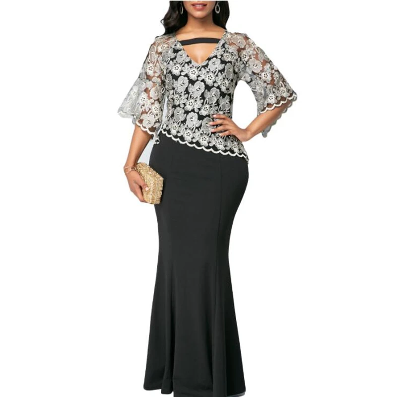 

Spring Autumn African Maxi Dresses For Women 2020 Black Fashion Robe Long Dress Lace Bazin Vestido Dashiki Party African Clothes