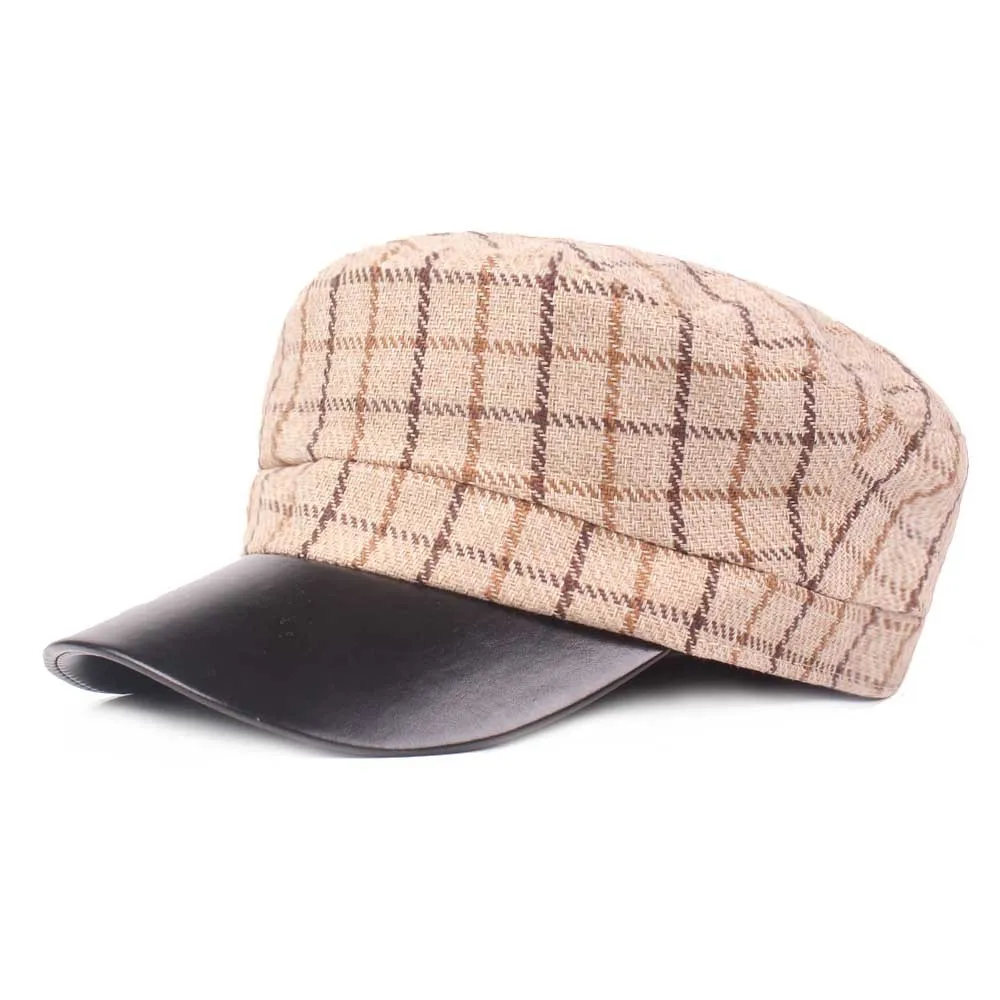 Шляпа из искусственной кожи на плоской подошве с полями, женская шляпа в морском стиле, осенне-зимняя клетчатая восьмиугольная шляпа в стиле ретро, плоская шляпа, женская шапка, Элегантная модная черная шапка - Цвет: Beige
