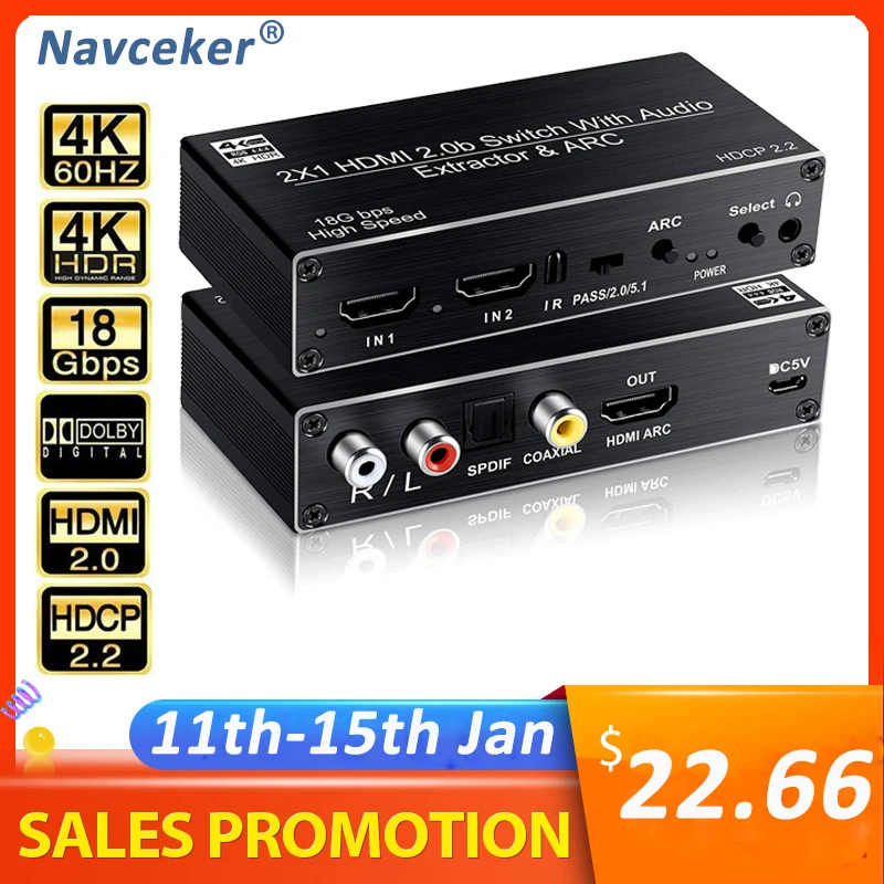 Переключатель Navceker 2x1 HDMI 2 0 4K 60Hz переключатель Поддержка 3D ARC и оптический Toslink HDR