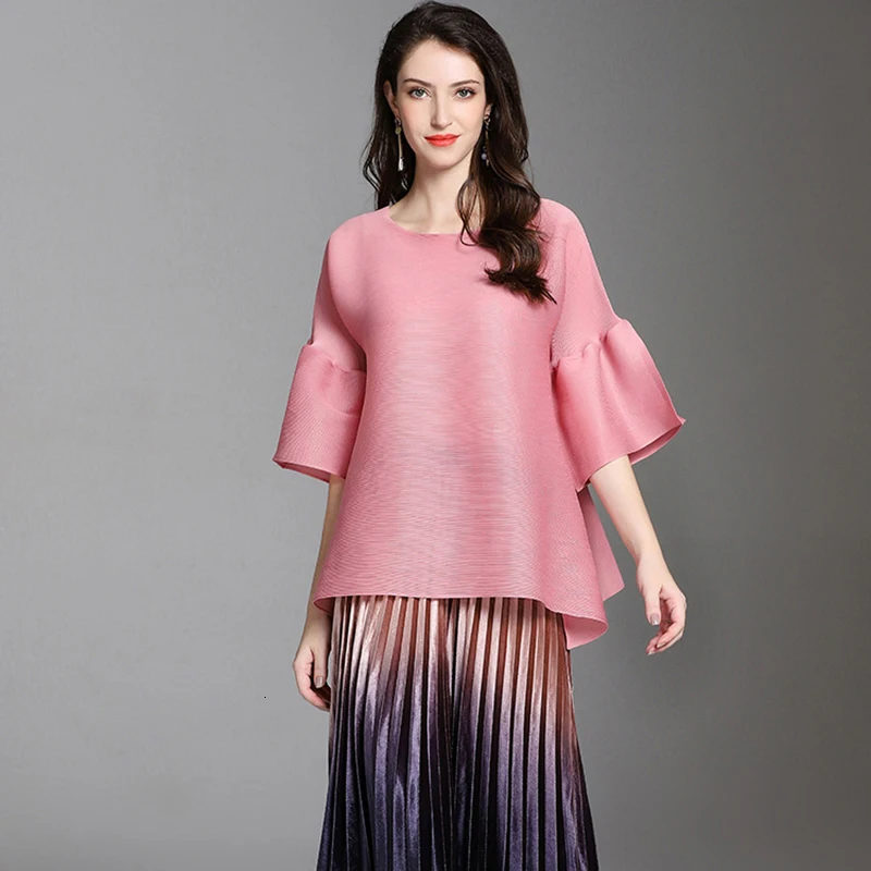 

[DEAT] 2019 Spring Summer New Pattern O-neck Half Flare Short Sleeve T-shirt Pleated Elastic Ladies Fashion Loose T-short YF724