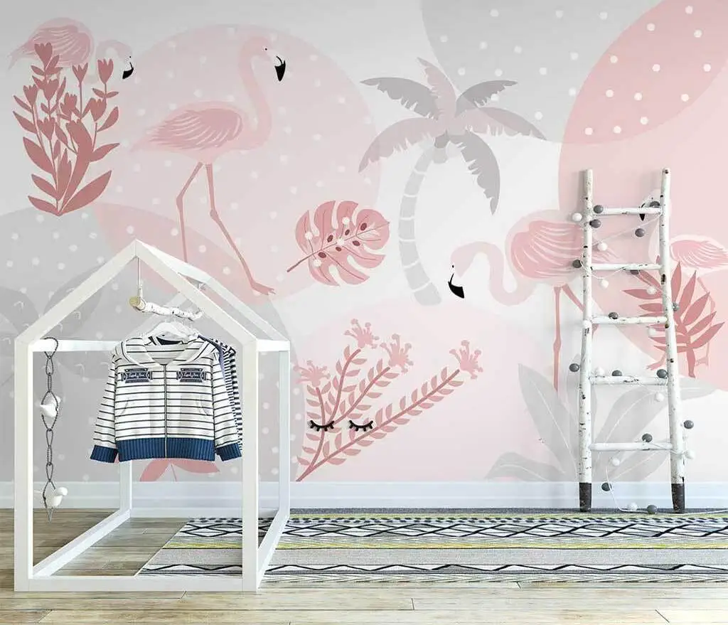 Papel de Parede Pintado à Mão 3d Personalizado para o Quarto das Crianças Fundo Interior Papel de Parede Rosa Simples Flamingo Murais