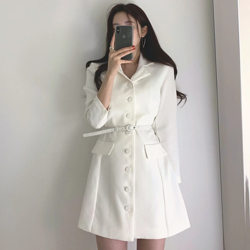 

Early Autumn Spring Dress Buttons Up Office Lady Slim Fit Short Dress Pockets Belt Robe Femme Vestido Mujer Vestiti Donna