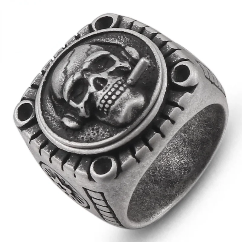 

Megin D New Vintage Punk Personality Tobacco Pipe Skull Stainless Steel Rings for Men Women Friend Fashion Design Gift Jewelry
