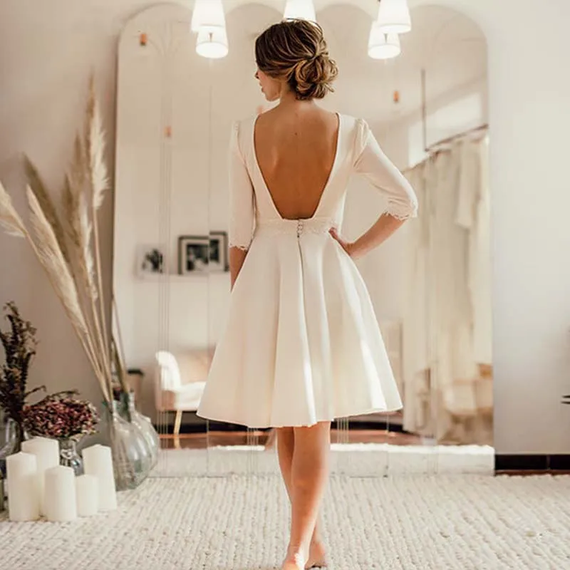  Ivory Short Wedding Dress 2020 Open Back Crepe Knee Length Bridal Dresses Short Sleeves robe de mariage Custom Made (3)