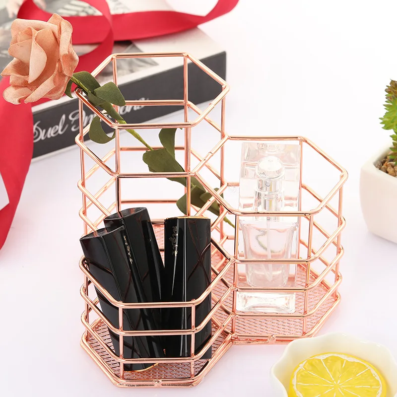  Iron hexagon rose gold makeup organizer ingenious cosmetic storage lipstick nail polish perfume hol