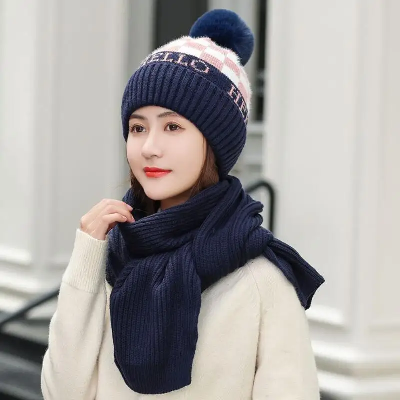 Зимний женский комплект с шарфом и шапкой, зимняя теплая вязаная шапочка с помпоном дамская шляпа без полей, комплект с шарфом, шапка и шарф, зимний комплект