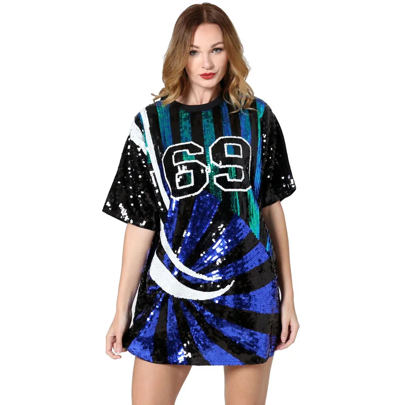 Fashion new black number 69 Sequined Embroidered Short sleeve T-shirt Middle long loose casual street Shirt woman | Женская одежда