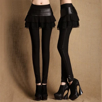 

2019 Autumn and winter new thickened plus velvet outer wear mid-high belt skirt leggings plus size fake two-piece