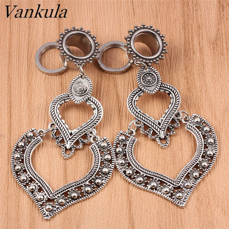 Vankula, 2 шт., двойное сердце, болтаются, затычки для ушей, расширитель, туннельные пробки, нержавеющие, для ушей, носилки, подвеска, пирсинг, ювелирные изделия для тела