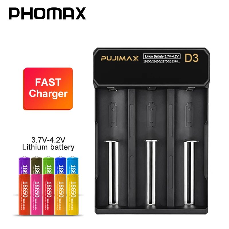 

PHOMAX 18650 3 slots USB cable battery LED smart display fast charger 14500 26700 26500 IMR/Li-ion rechargeable battery charger